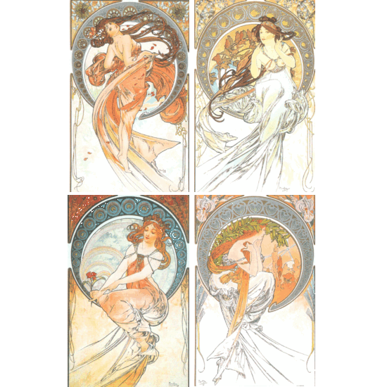 アルフォンス・ミュシャの絵画作品　タイトルは、芸術シリーズ　ペインティング・ポエム・ダンス・ミュージック
